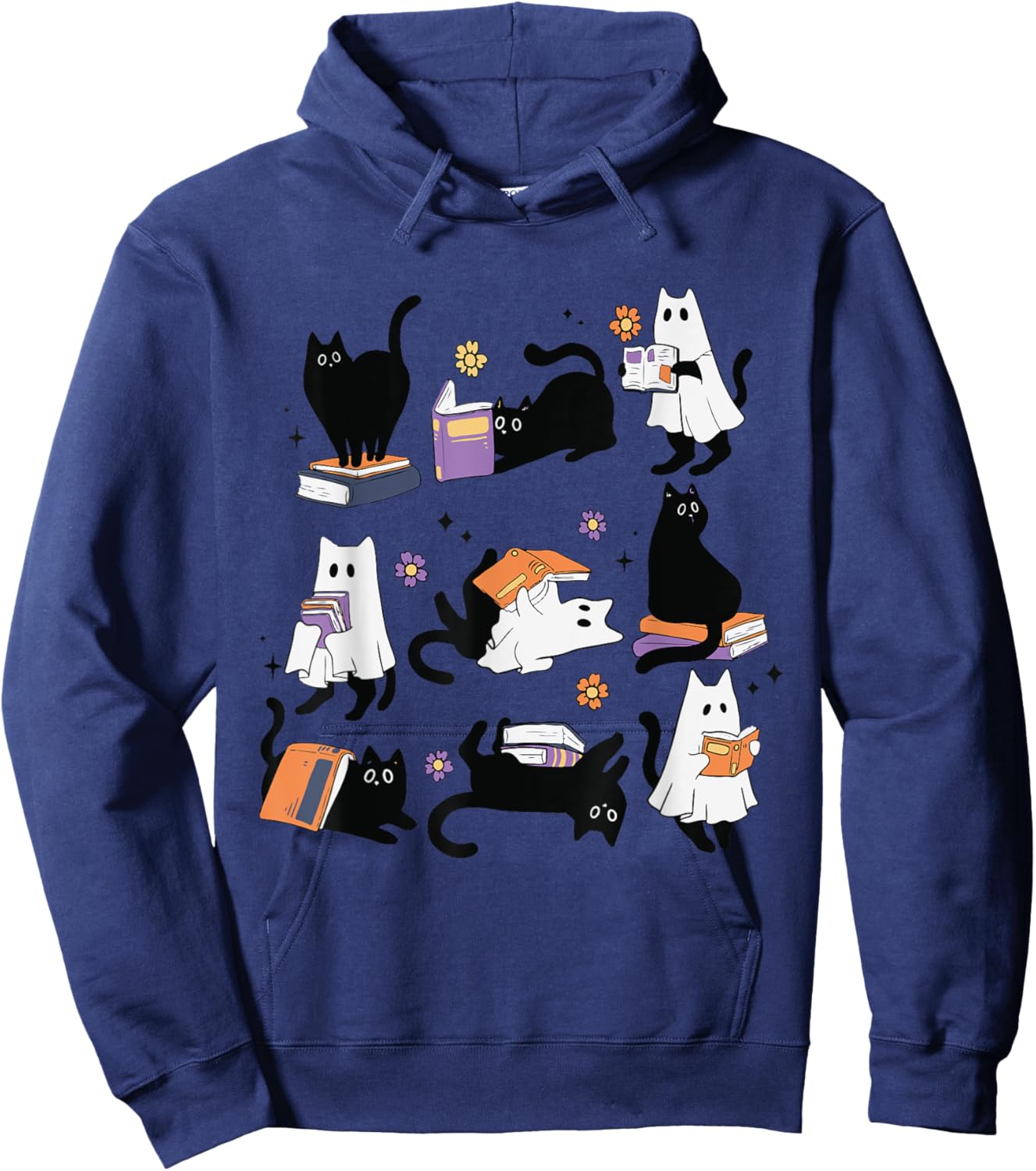 Halloween Ghost Black Cat Reading Book Costume Women Kids Hoodie - Hoodie | Navy