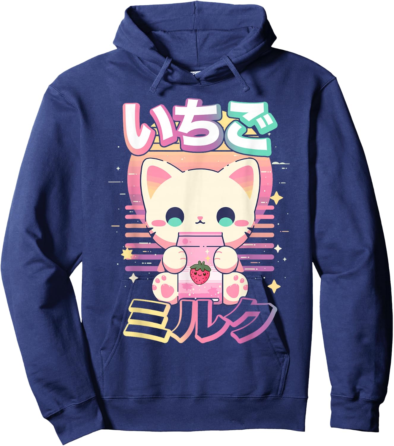 Cat Strawberry Milk Anime 90s Japanese Cat Japan Hoodie - Hoodie | Navy