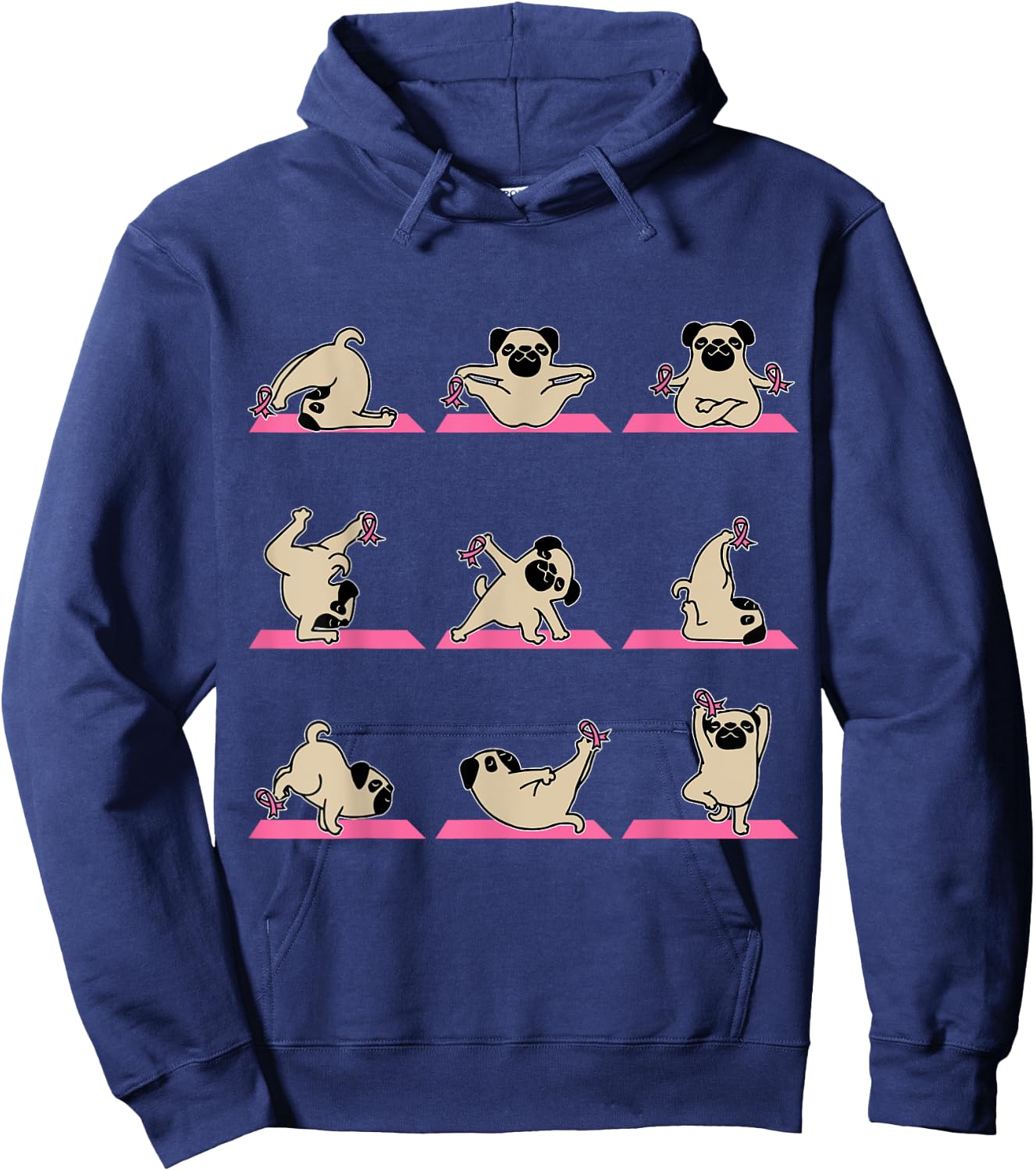 Pug Yoga Pink Ribbon Funny Dog Breast Cancer Awareness Gifts Women Kids Hoodie - Hoodie | Navy