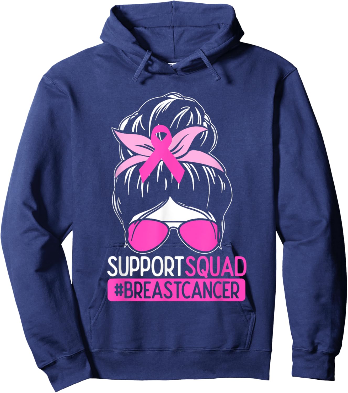 Support Squad Messy Bun Pink Warrior Breast Cancer Awareness Hoodie - Hoodie | Navy