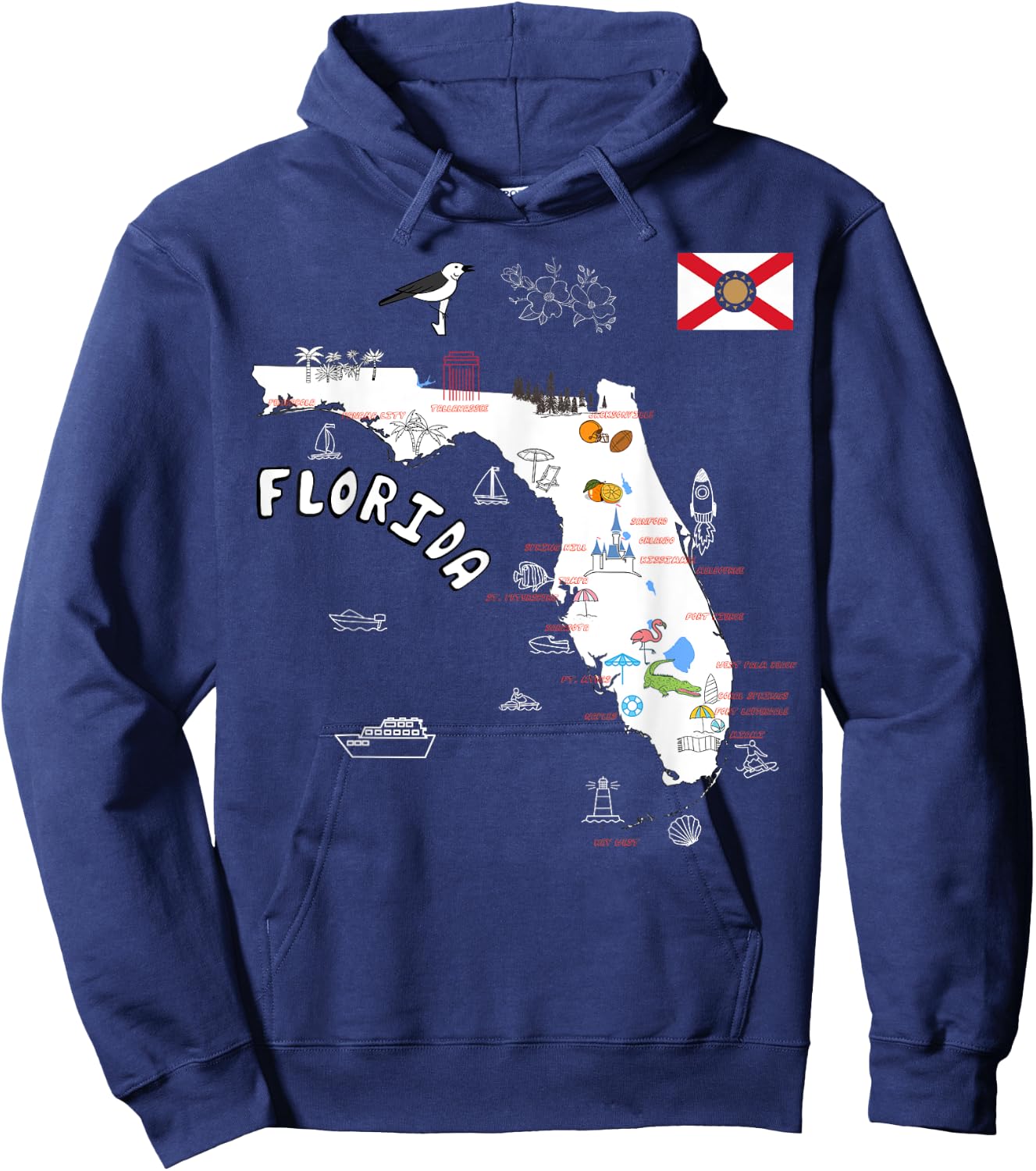 Florida State Map tourist attractions cities flag Hoodie - Hoodie | Navy