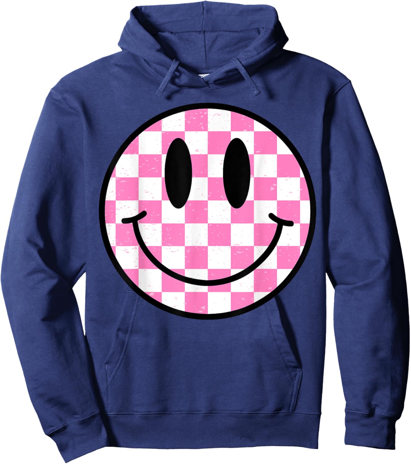 Pink Happy Face Checkered Pattern Smile Face Trendy Smiling Hoodie - Hoodie | Navy