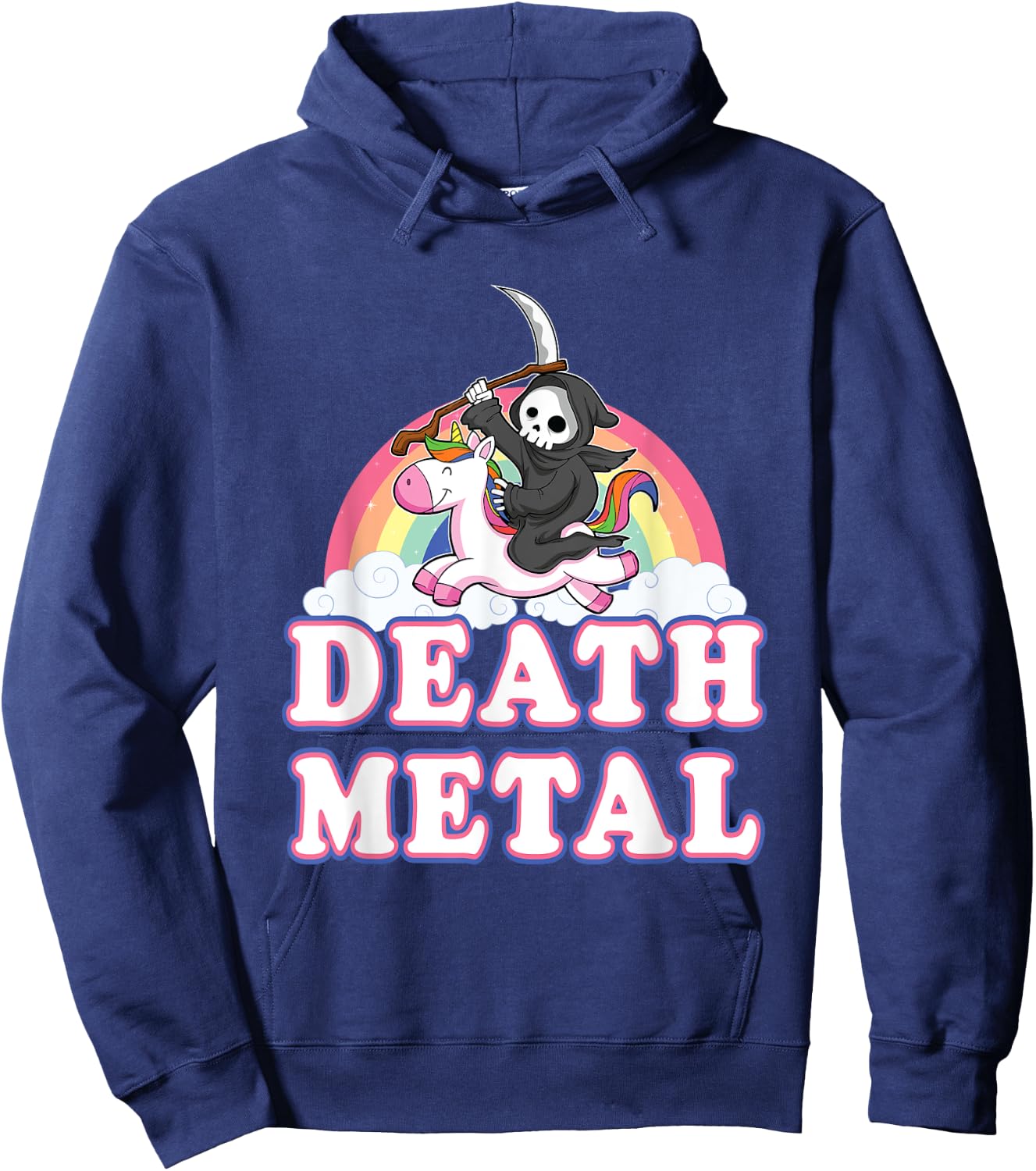 Death Metal Rock Music Rainbow Grim Reaper Riding Unicorn Hoodie - Hoodie | Navy