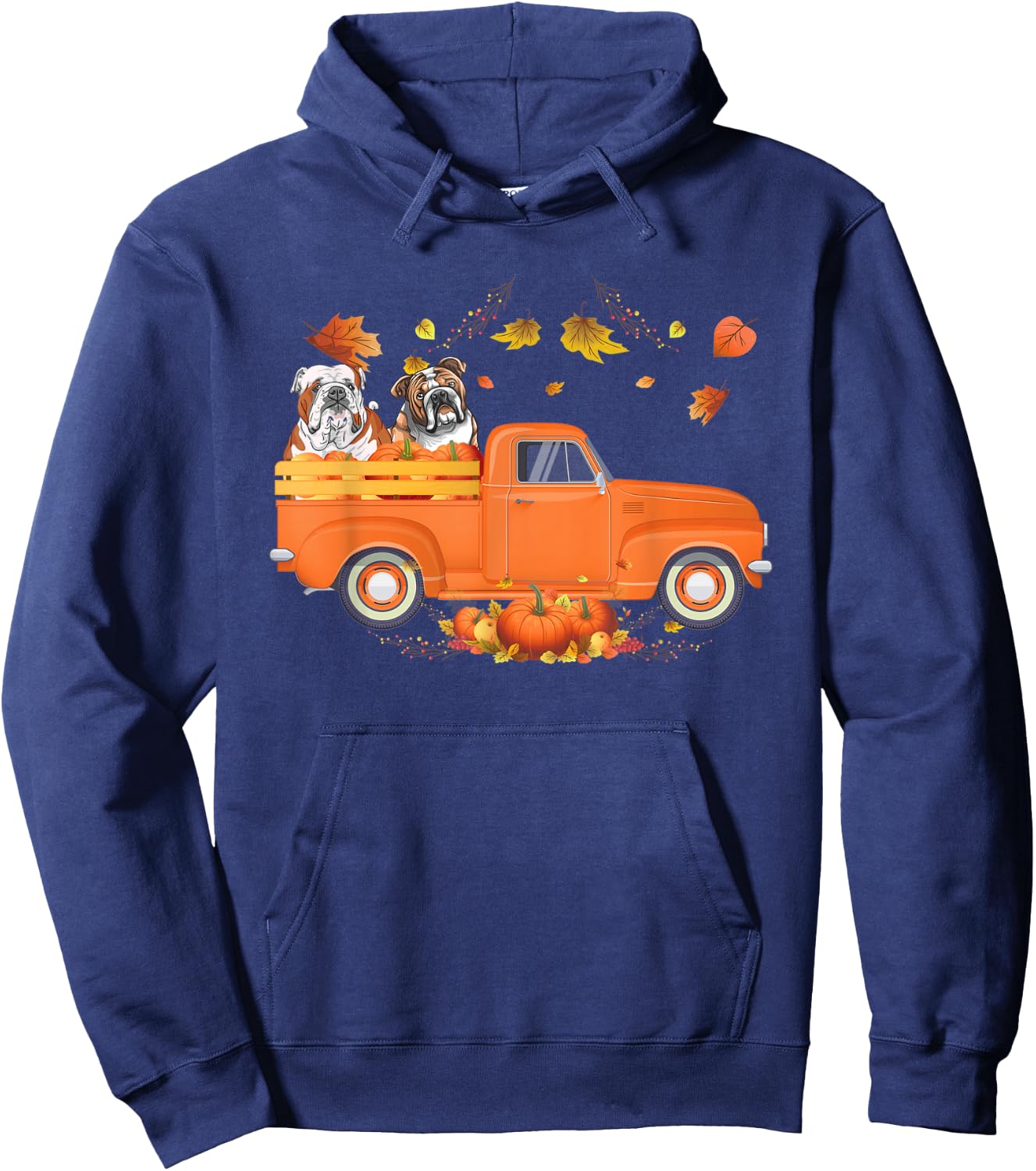 Bulldog Pumpkin Truck Fall Leaf Thanksgiving Halloween Men Women Kids Hoodie - Hoodie | Navy