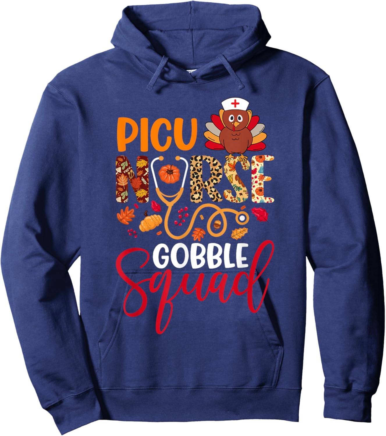 PICU Nurse Gobble Squad Thanksgiving Leopard Matching Family Hoodie - Hoodie | Navy