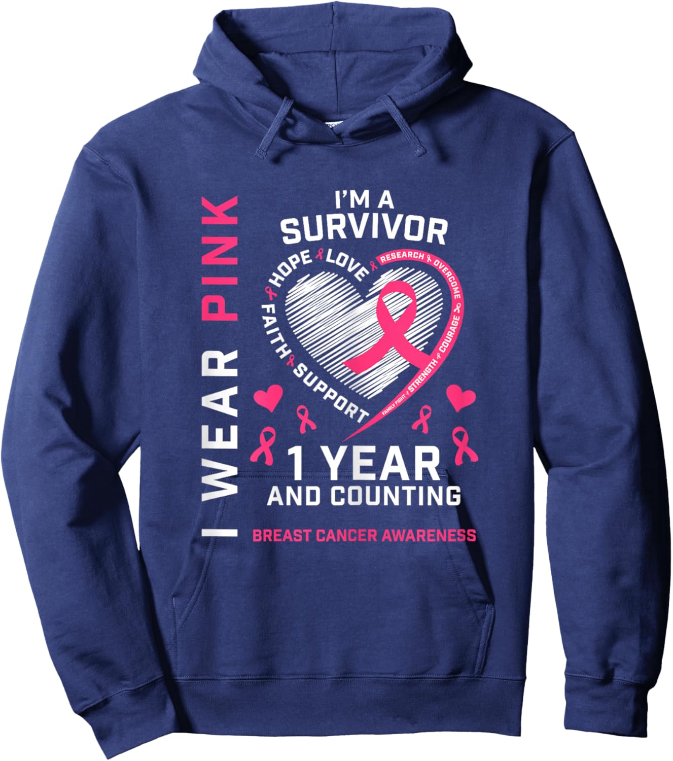 1 Year Cancer Free Mom Pink Awareness Breast Cancer Survivor Hoodie - Hoodie | Navy