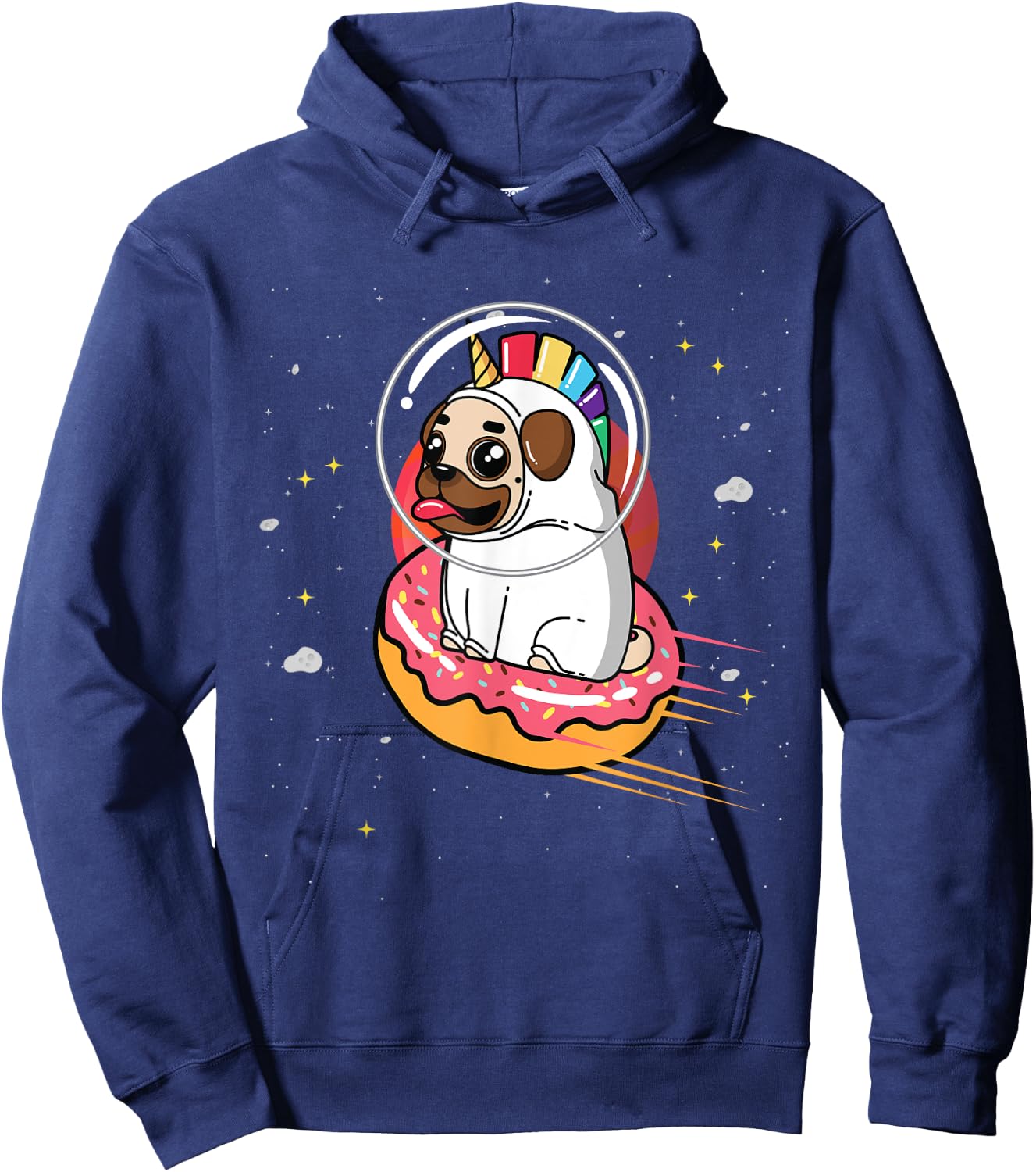 Pug in Rainbow Unicorn Costume riding Donut in Space Hoodie - Hoodie | Navy