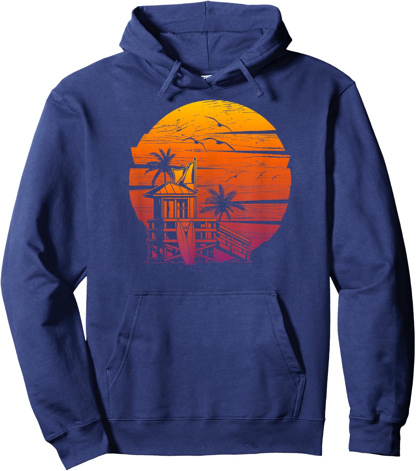 Vintage Beach Lifeguard Tower Distressed Sunset Hoodie - Hoodie | Navy