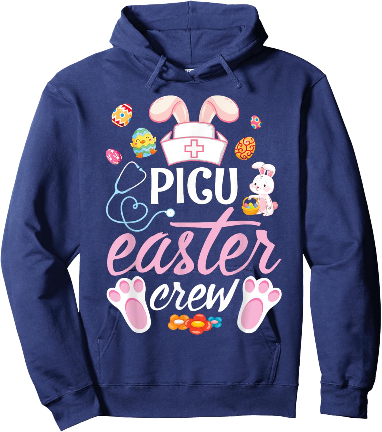 Cute Bunny Face Easter Eggs Happy Day PICU Nurse Easter Crew Hoodie - Hoodie | Navy