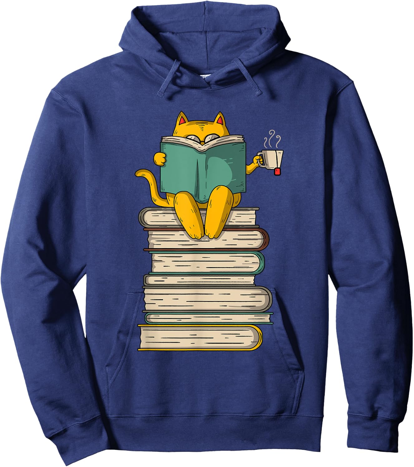 Reading Cat - Funny Book & Tea Lover Gift Short Sleeve Hoodie - Hoodie | Navy