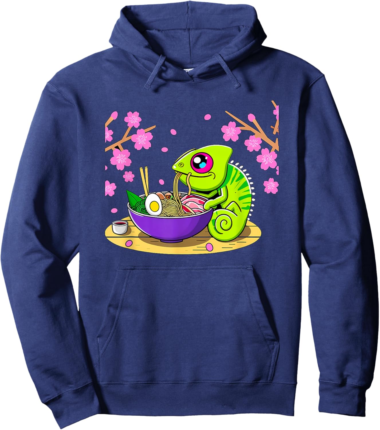 Kawaii Chameleon Eating Ramen Hoodie - Hoodie | Navy