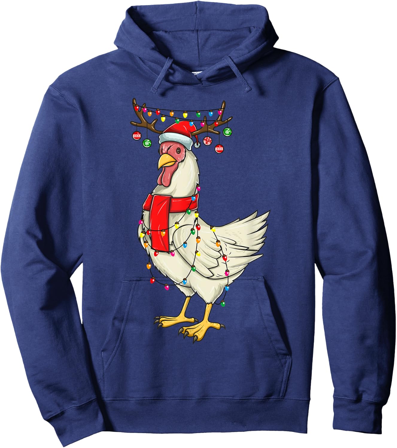Christmas Chicken Holiday Lights with Antlers and Ornaments Hoodie - Hoodie | Navy