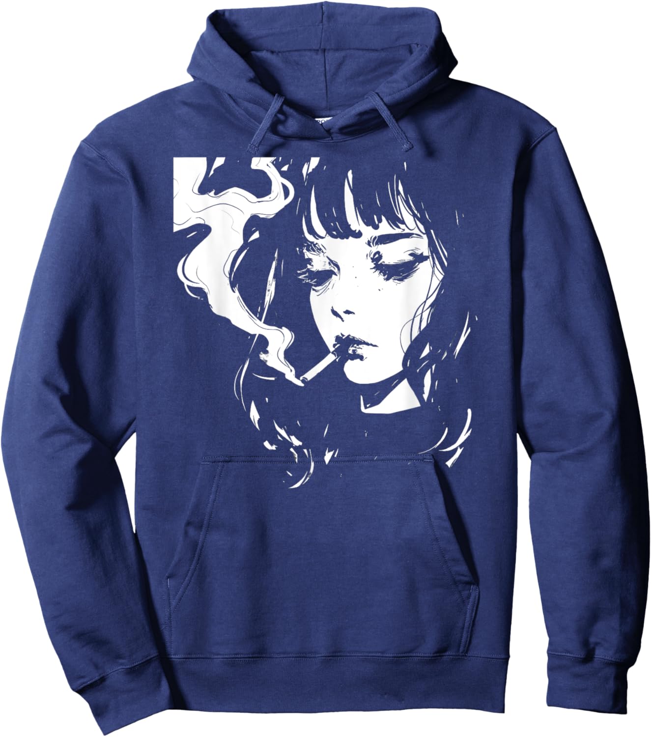Soft Grunge Kawaii Anime Girl Smoking Waifu Otaku Japanese Hoodie - Hoodie | Navy