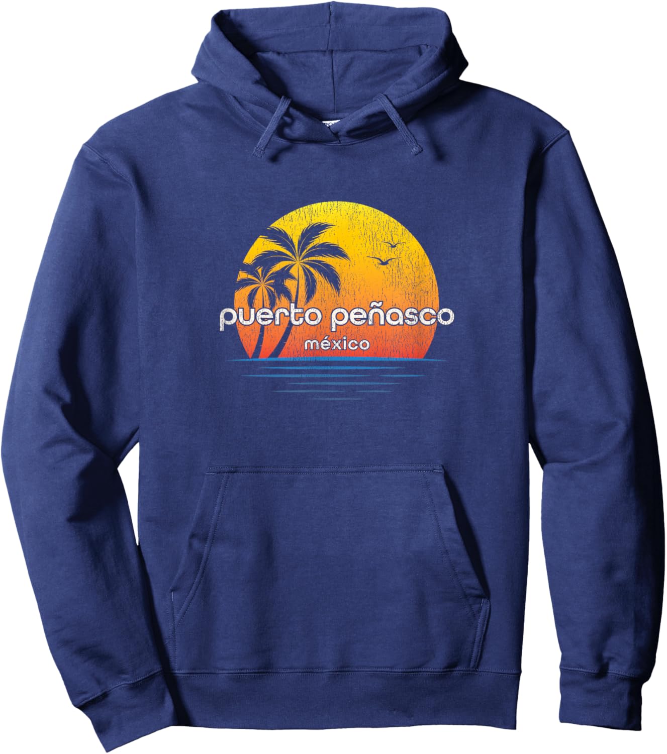 Puerto Penasco Vintage Palm Tree Sunset Hoodie - Hoodie | Navy