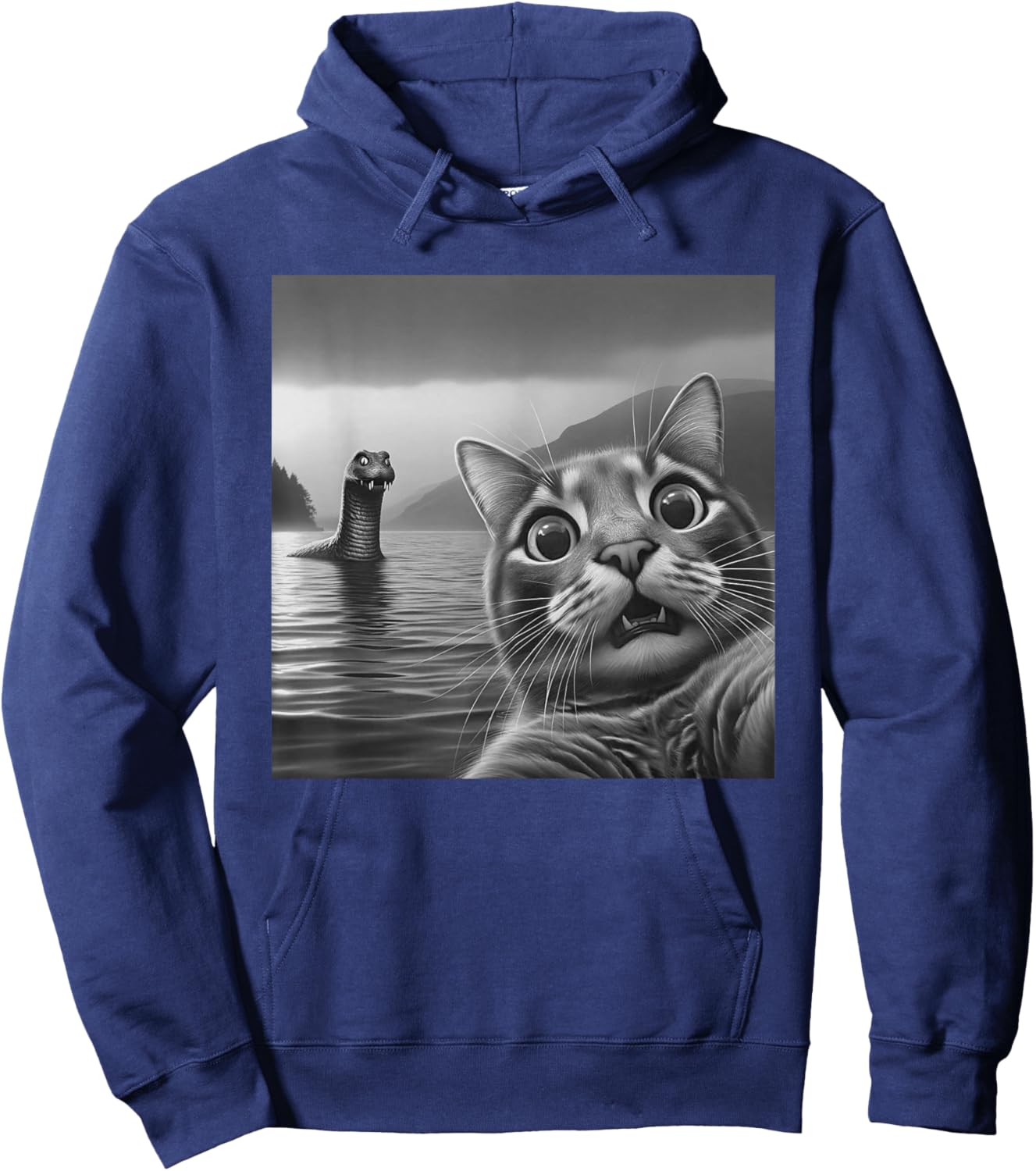 Funny Surprised Cat Selfie with Loch Ness Monster Nessie Women Girls Kids Hoodie - Hoodie | Navy