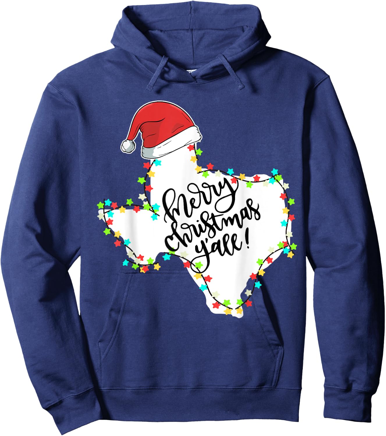 Texas Merry Christmas Y'all State Santa Hat & Lights T Shirt Hoodie - Hoodie | Navy