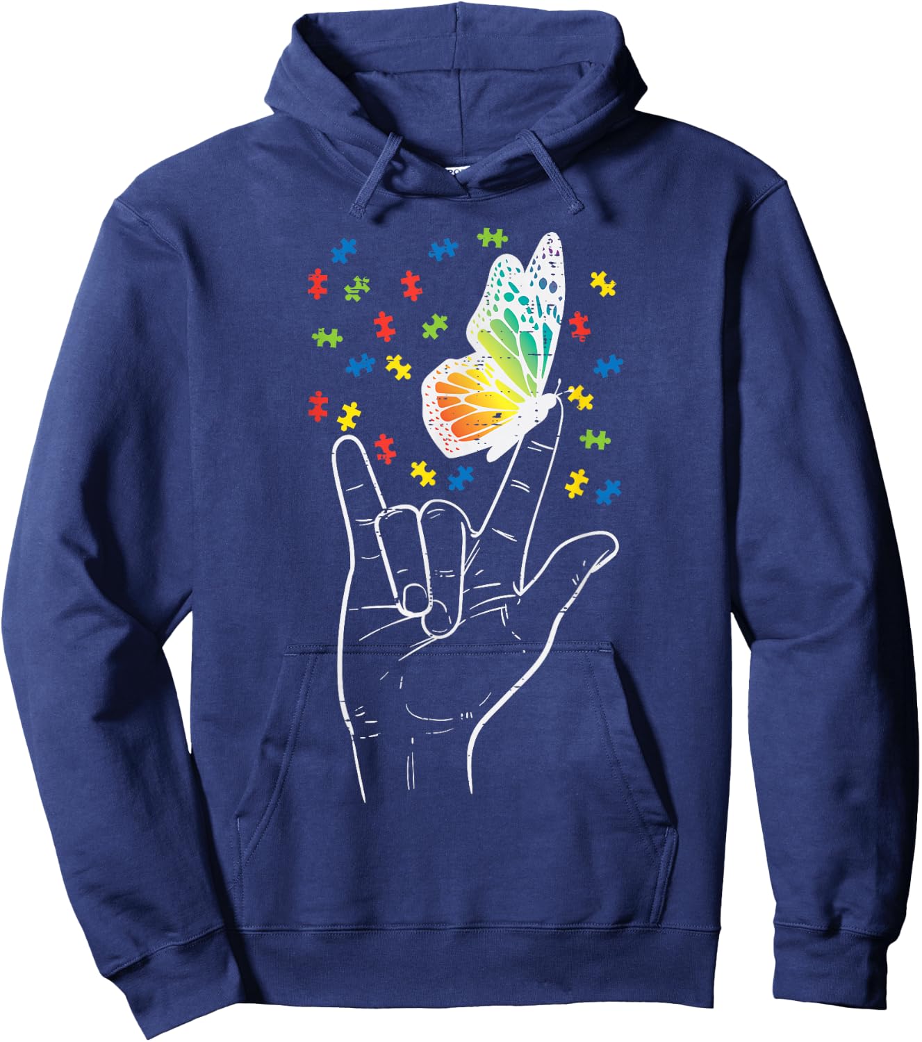 Asl Love Sign Butterfly Puzzle Autism Awareness Sped Teacher Hoodie - Hoodie | Navy