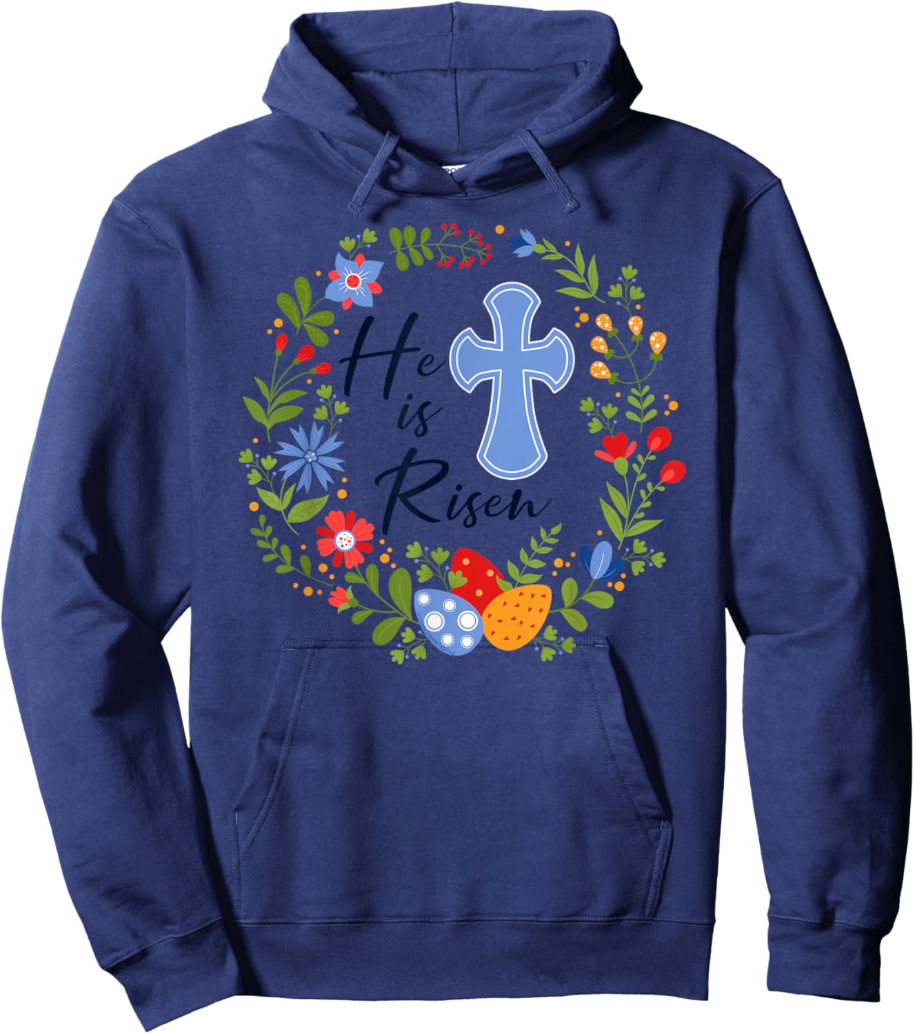 Floral Wreath He is Risen Jesus Christian Happy Easter Hoodie - Hoodie | Navy