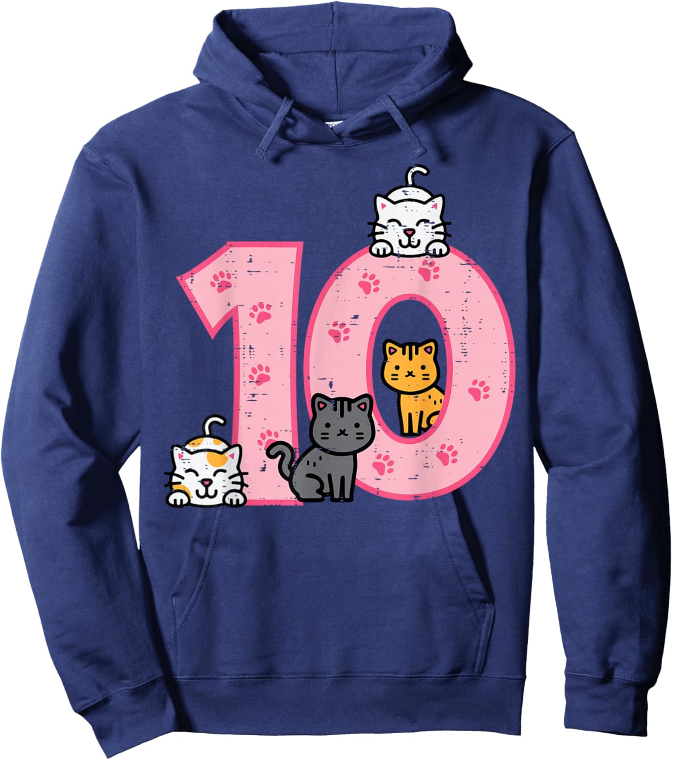 10th Birthday Cats On Number 10 Kawaii Bday Kitten Girls Kid Hoodie - Hoodie | Navy