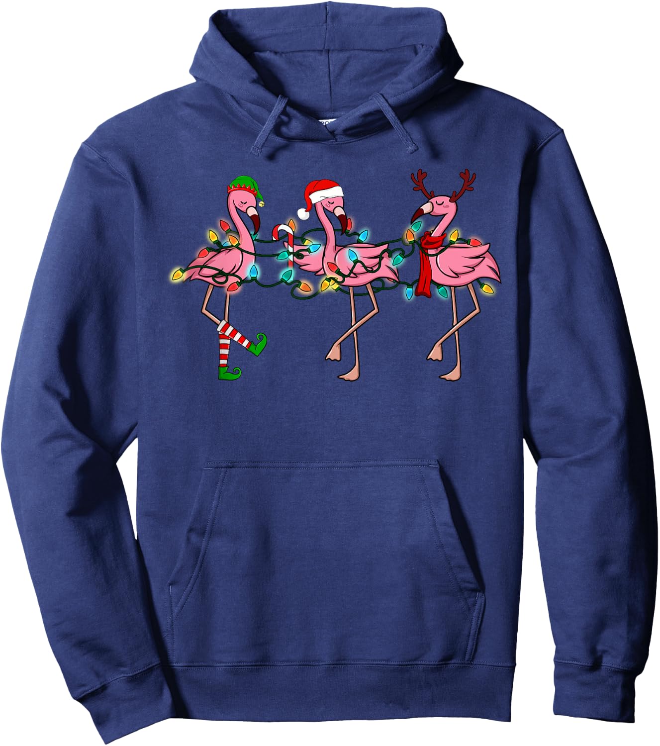 Christmas Lights Pink Flamingo Santa Hat Holiday Xmas Hoodie - Hoodie | Navy