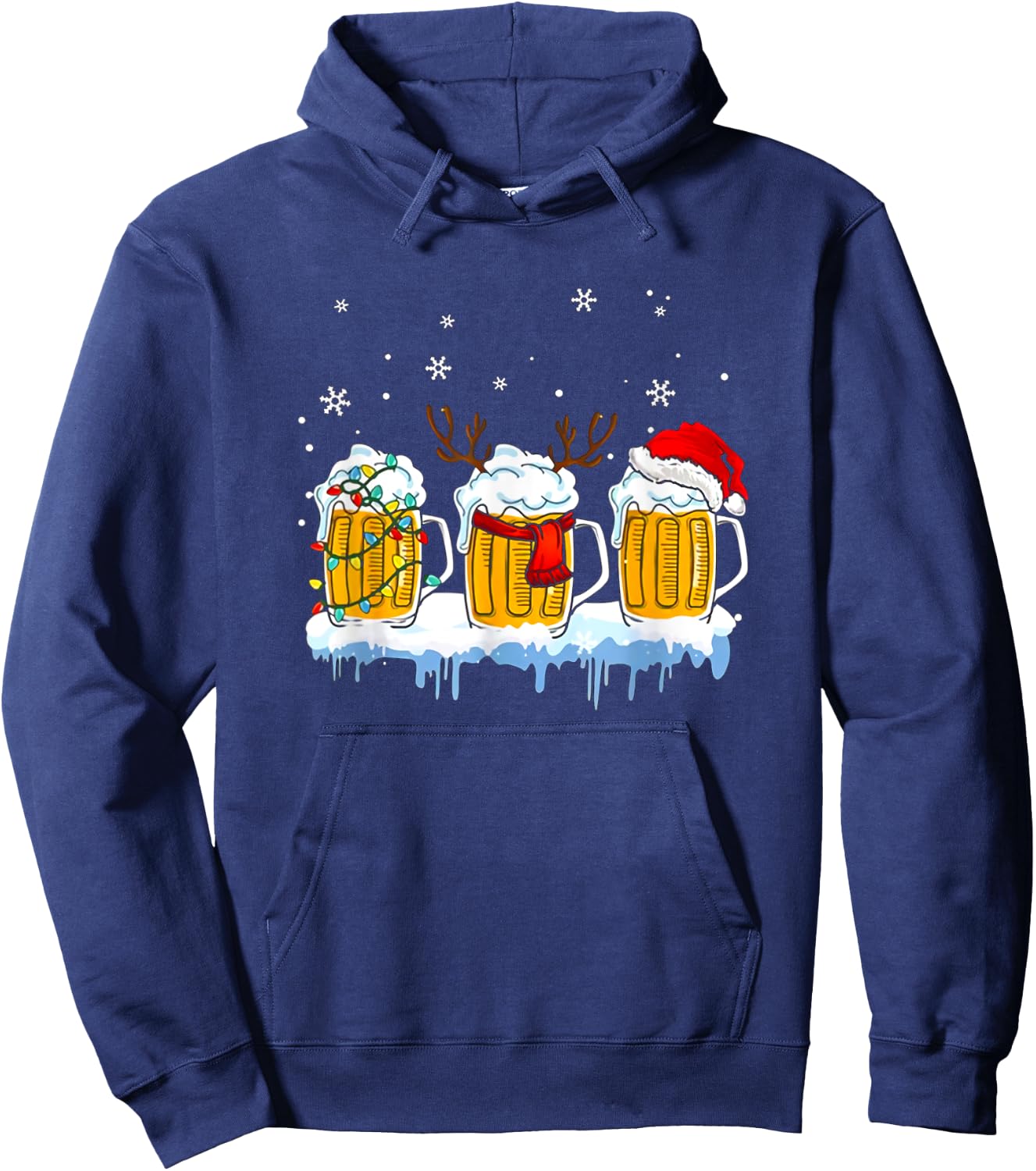 Beer Christmas Mug Santa Reinbeer Xmas lights pajamas Hoodie - Hoodie | Navy