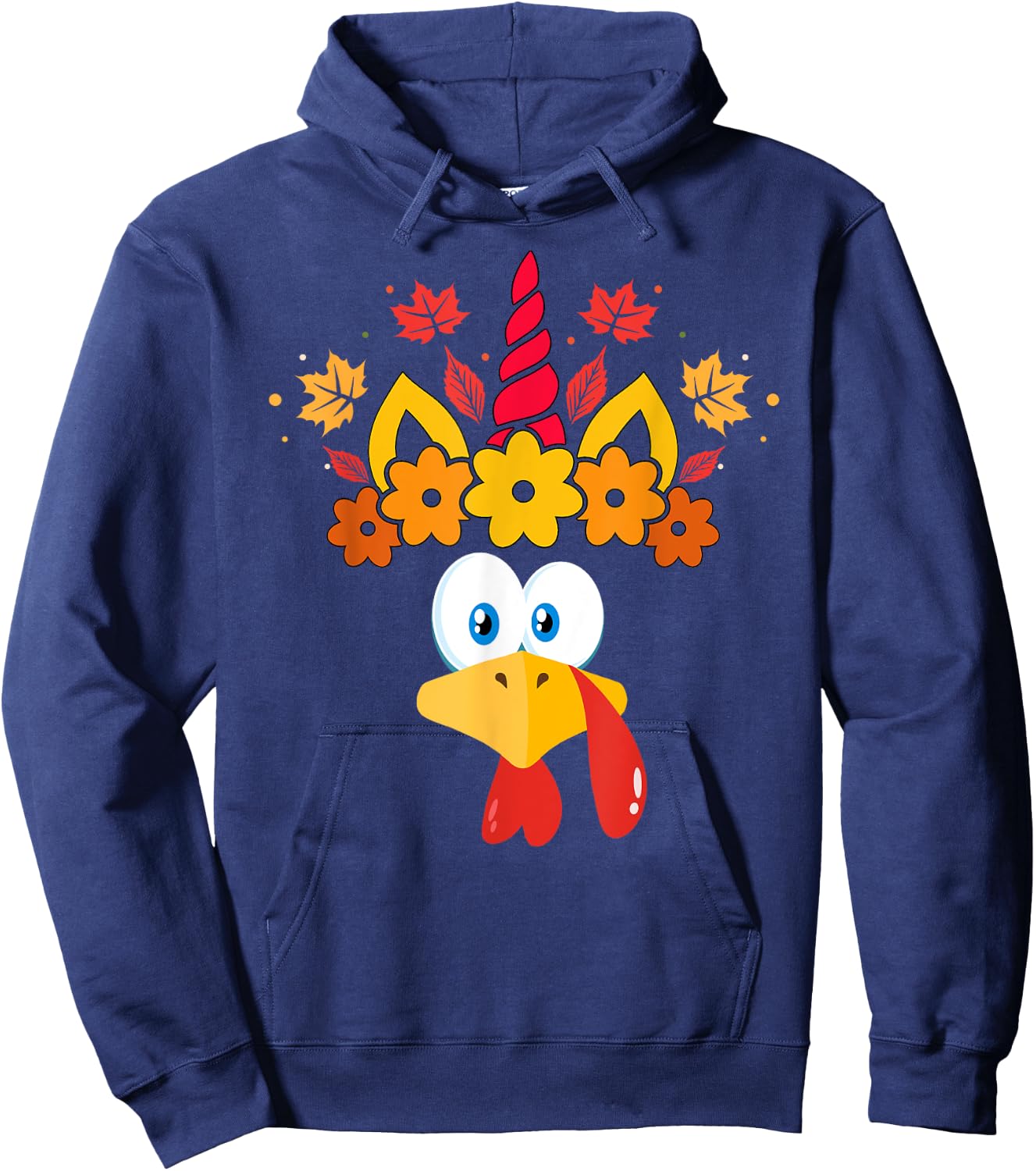 Funny Turkey Unicorn Face Girls Thanksgiving Kids Hoodie - Hoodie | Navy