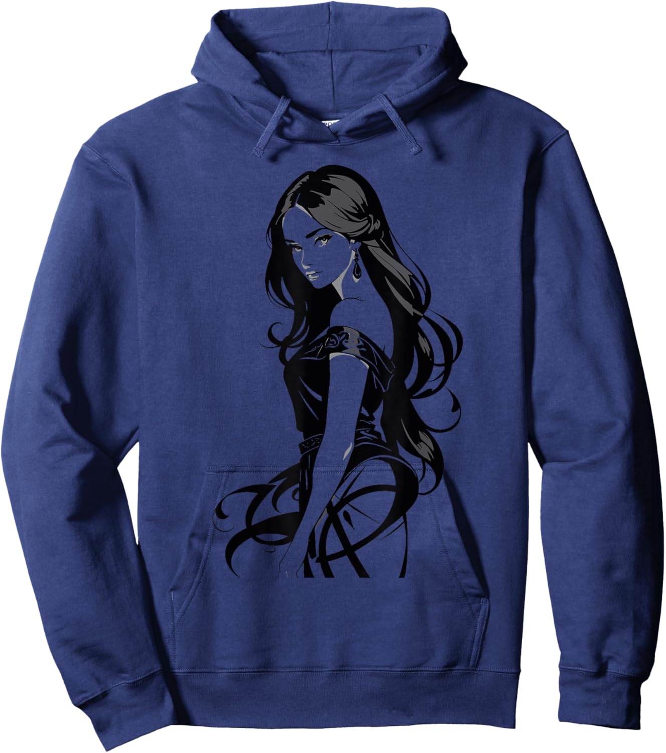 Sexy Waifu Anime Girl Japanese in Black and White Art Hoodie - Hoodie | Navy