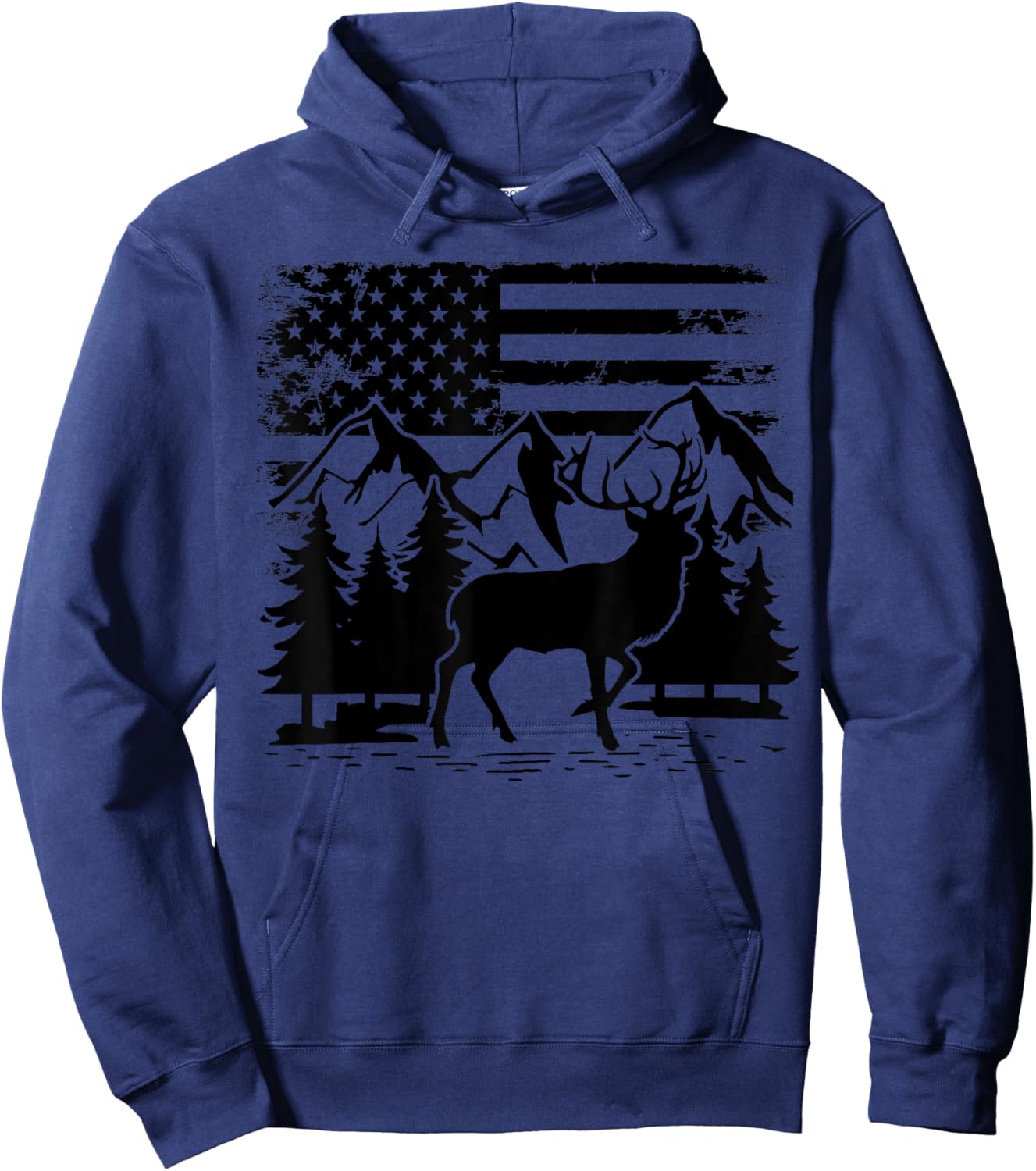 Camo US Flag Deer Elk Buck Camoflage Hunting Hunter Dad Hoodie - Hoodie | Navy