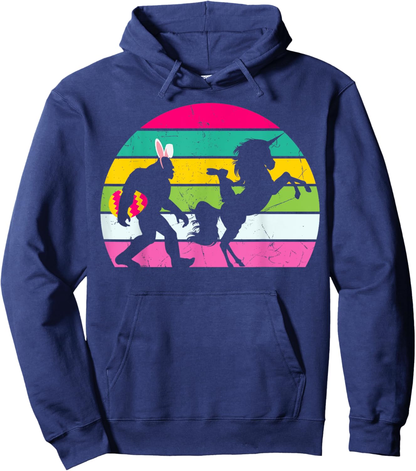 Bigfoot Unicorn Easter Bunny Retro Colorful Sunset Funny Hoodie - Hoodie | Navy