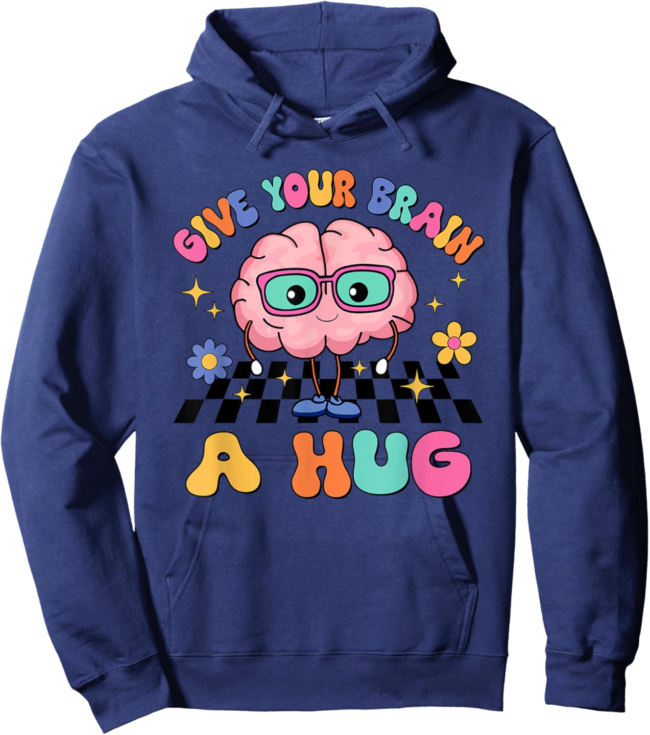 Groovy Give Your Brain A Hug Teacher Mental Health Awareness Hoodie - Hoodie | Navy