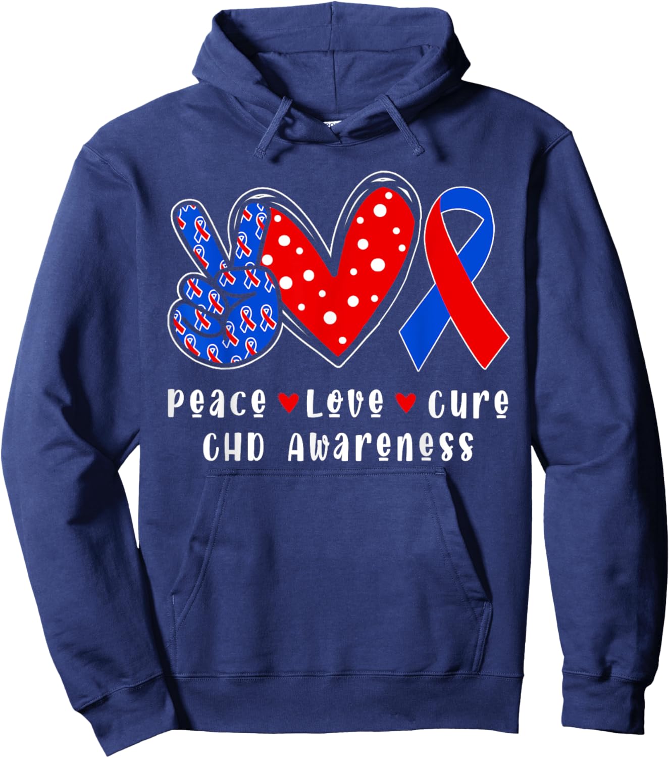 Peace Love Cure CHD Congenital Heart Defect Awareness Ribbon Hoodie - Hoodie | Navy