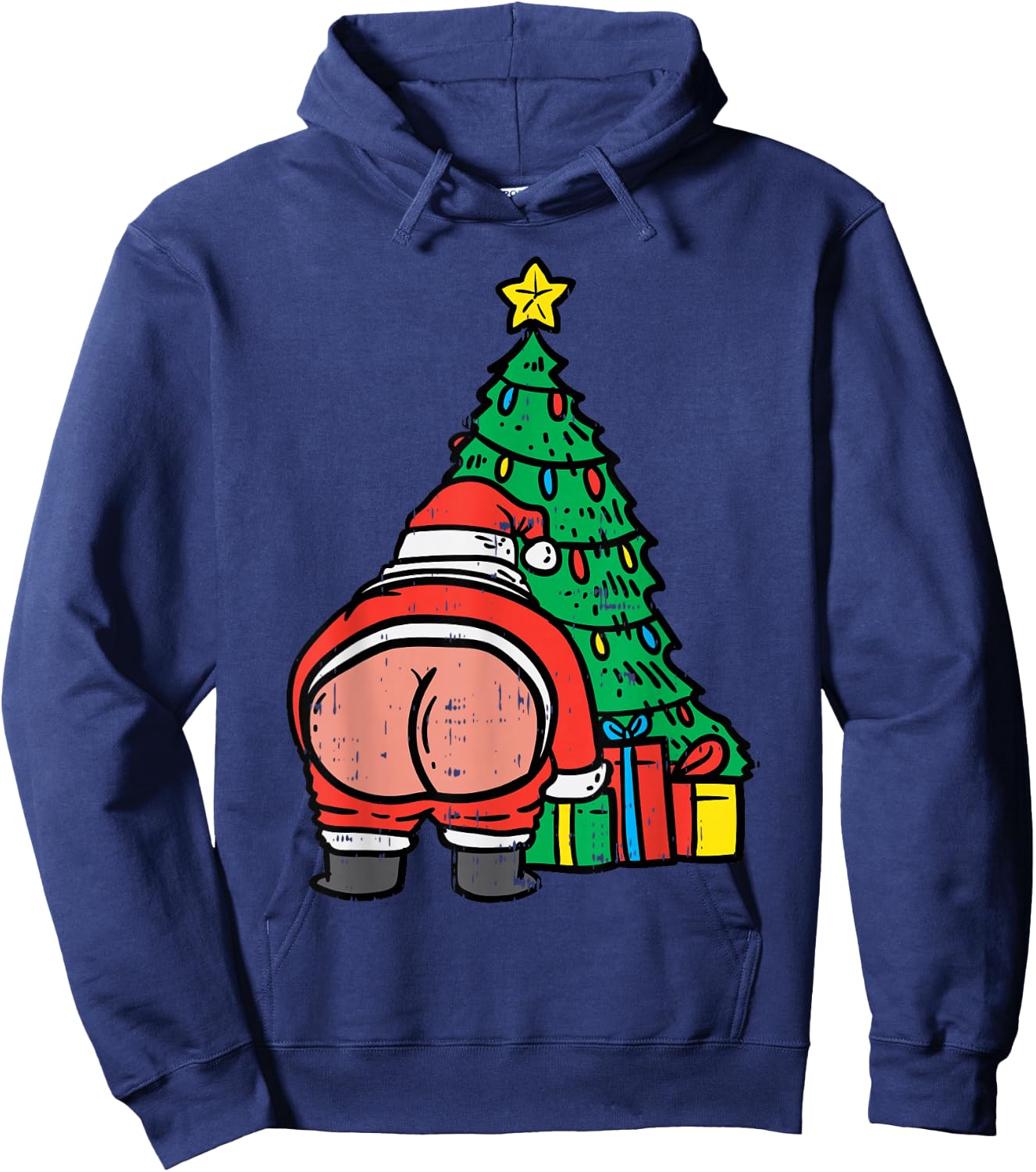 Santa Butt Christmas Tree Presents Funny Xmas Holiday PJ Hoodie - Hoodie | Navy