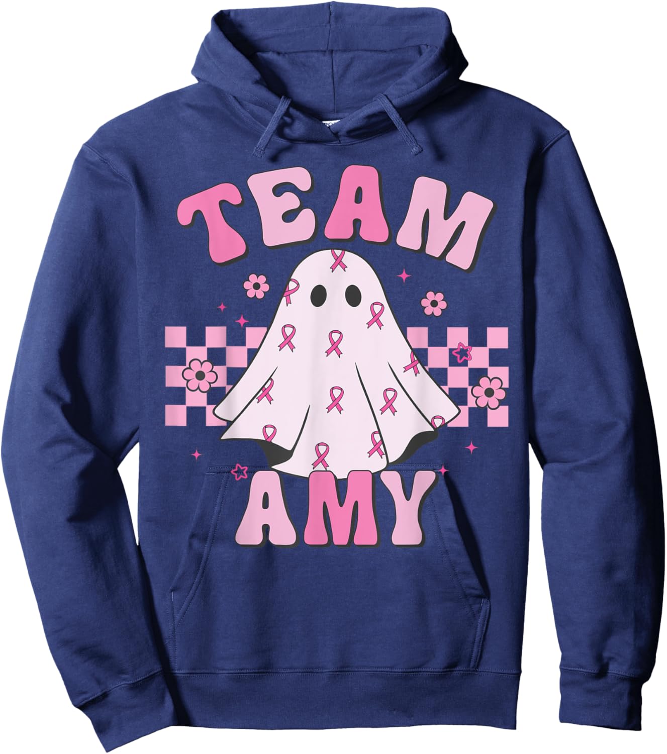 Team Amy, Breast Cancer Awareness Halloween Groovy Ghost Hoodie - Hoodie | Navy