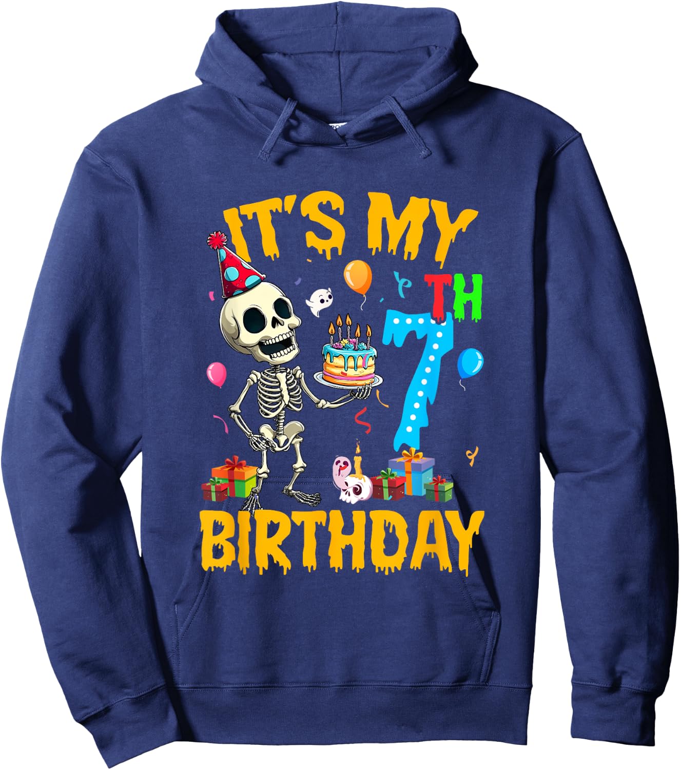 It's My 7Th Birthday Party Halloween Skeleton Birthday Kids Hoodie - Hoodie | Navy