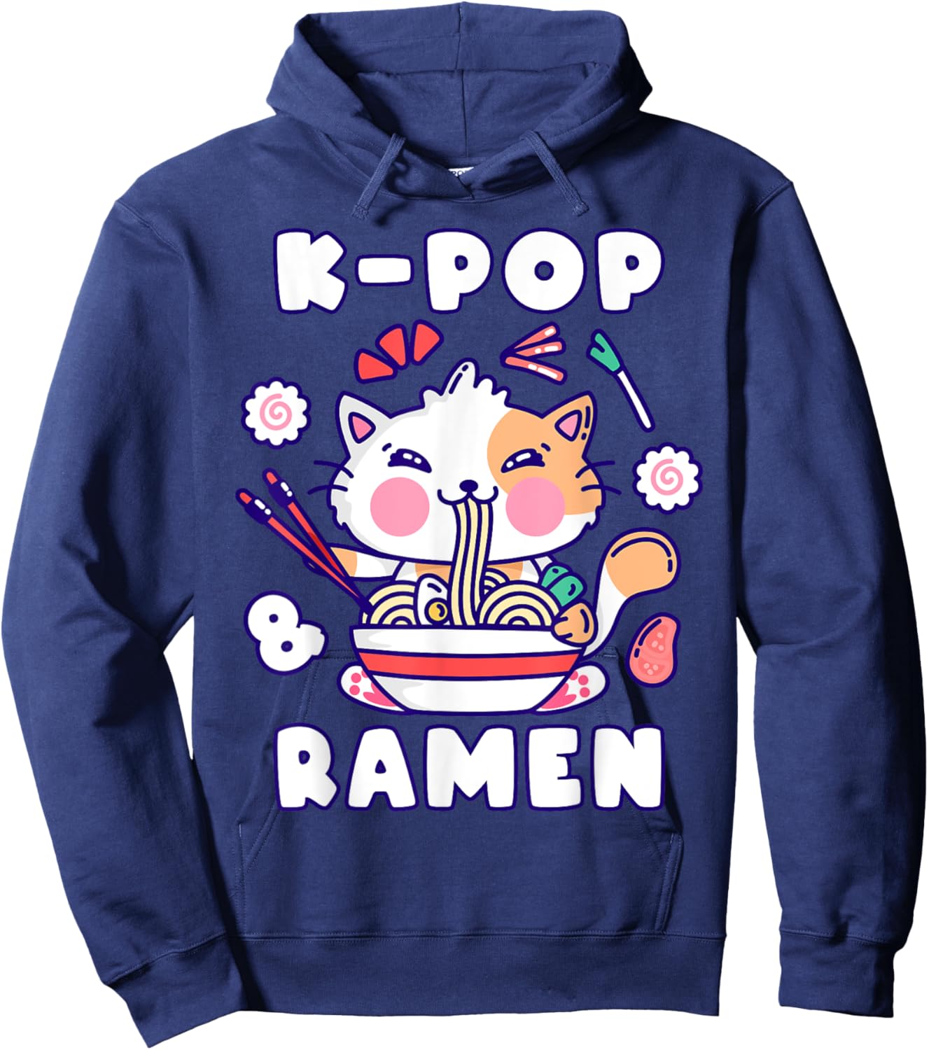 Cat, K-Pop & Ramen, Korean Music, Cute Playful Hoodie - Hoodie | Navy