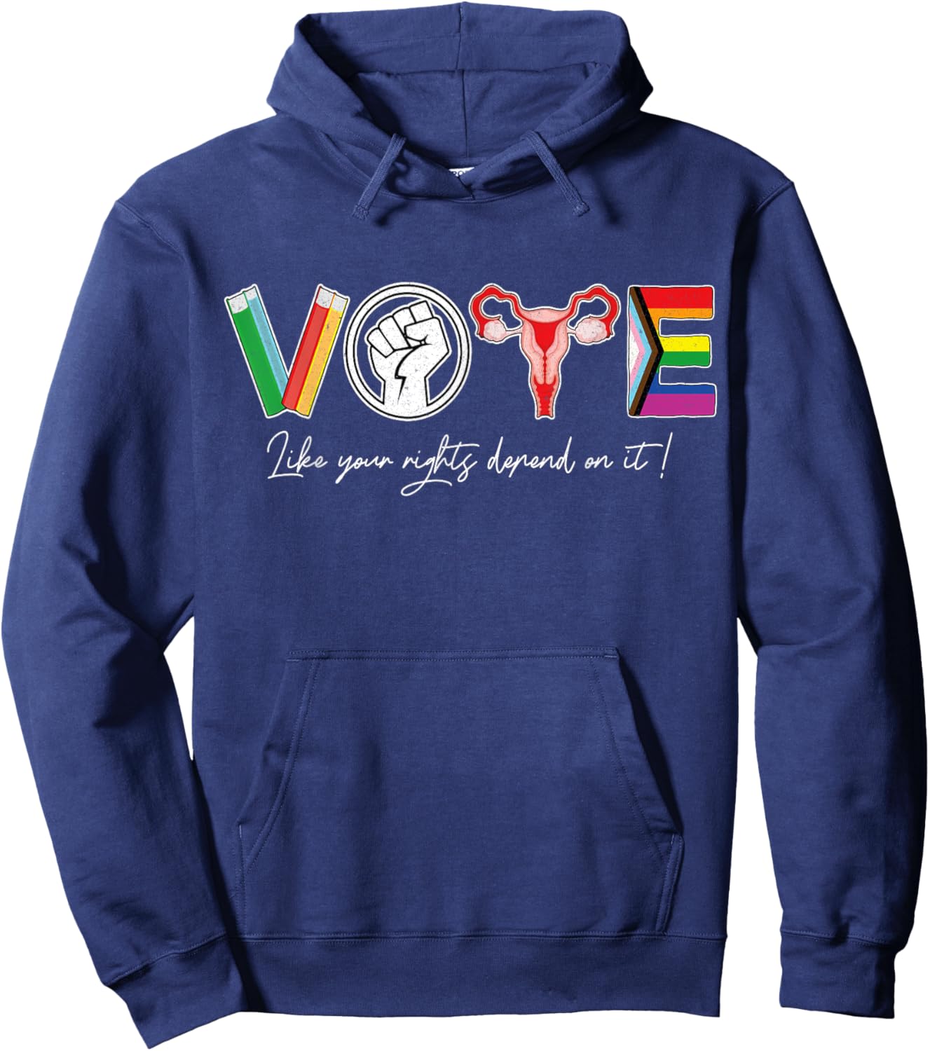 Vote Books Fist Uterus LGTBQ Flag Retro Pro Choice Liberal Hoodie - Hoodie | Navy