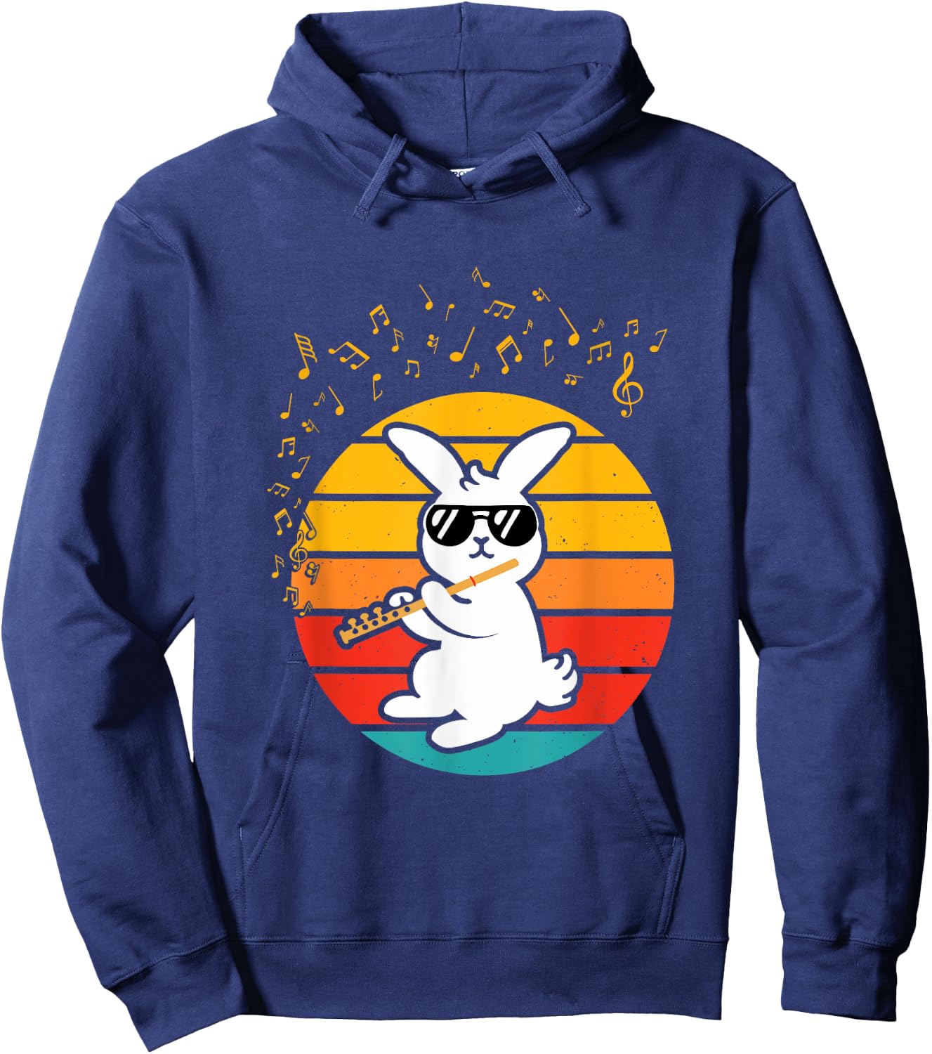 Cool Bunny with Flute - Music Lover Retro Rabbit Flute Hoodie - Hoodie | Navy