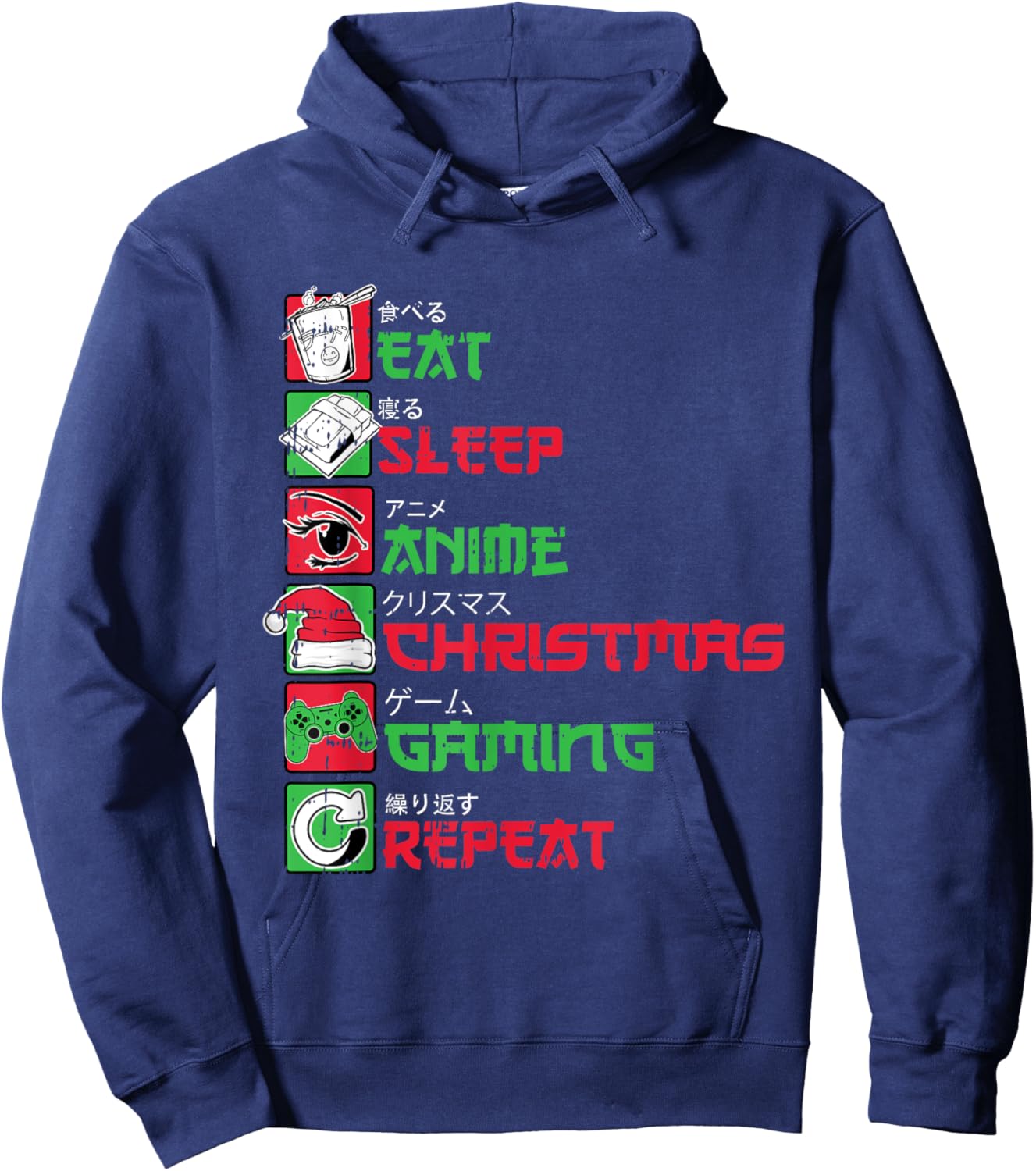 Eat Sleep Anime Gaming Christmas Pajama X-Mas Holiday Gamer Hoodie - Hoodie | Navy