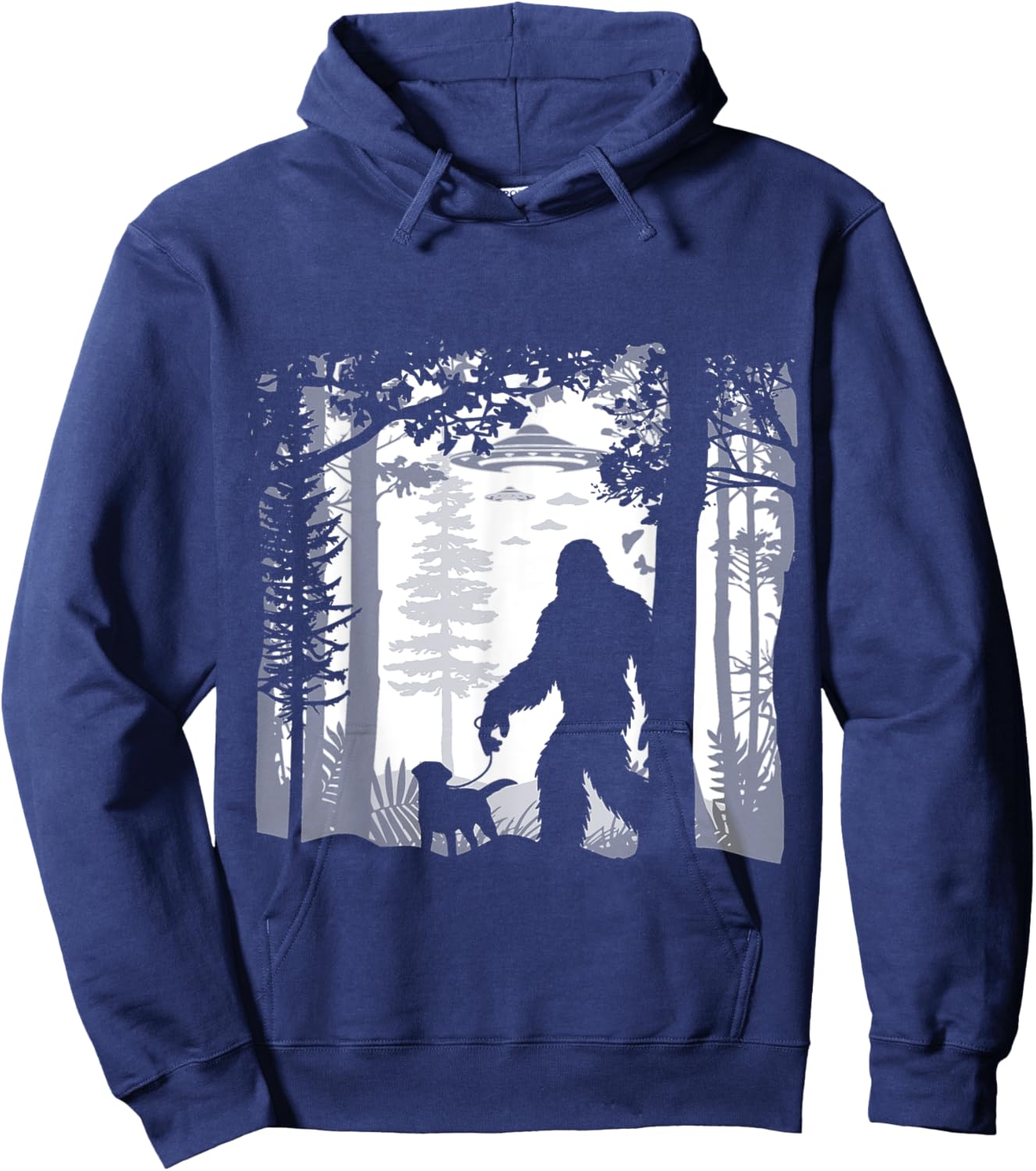 Funny Sasquatch Bigfoot Walking Dog In Woods With Alien Ufos Hoodie - Hoodie | Navy