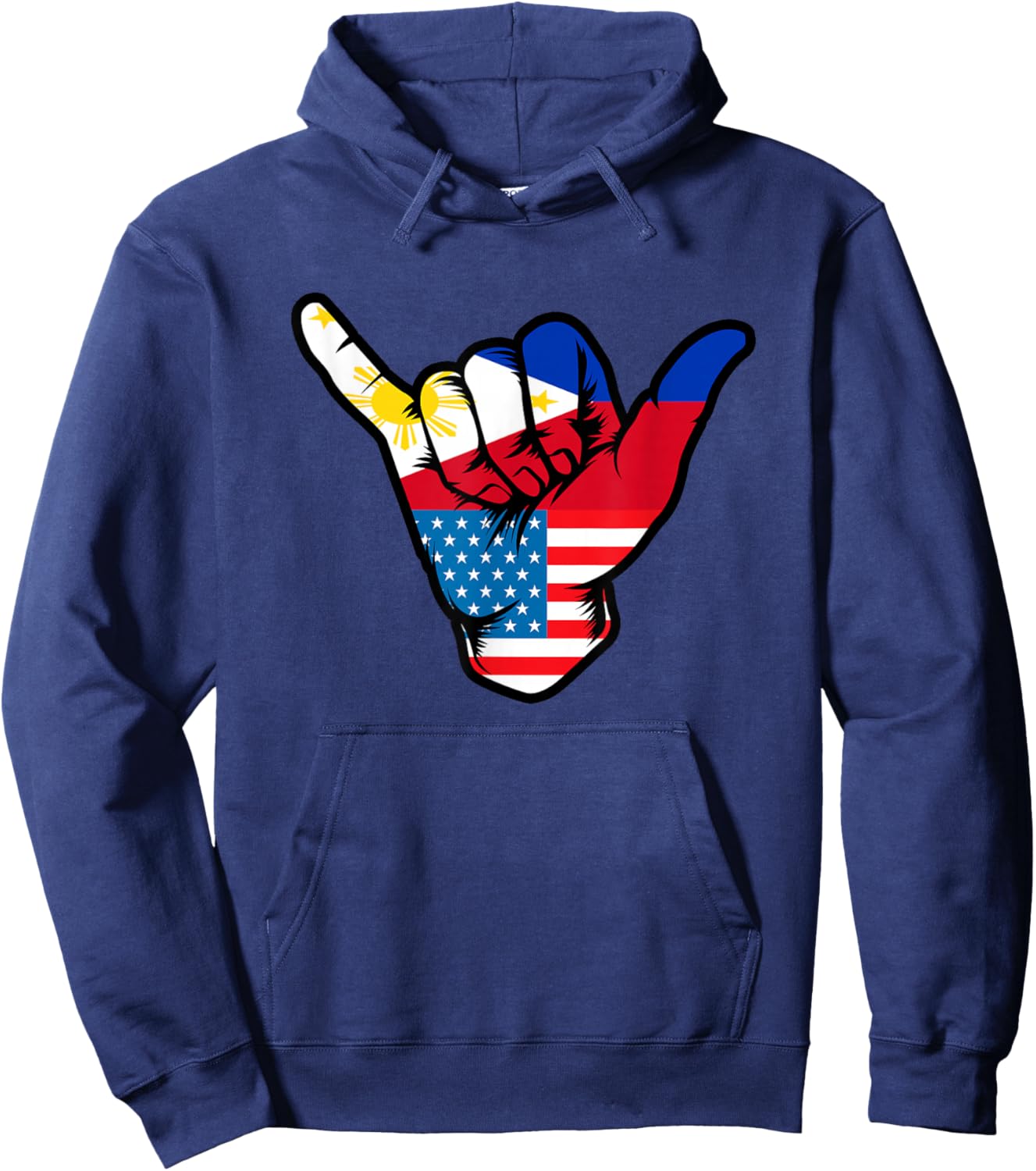 Half Filipino and American Philippines USA Flag Shaka Hand Hoodie - Hoodie | Navy