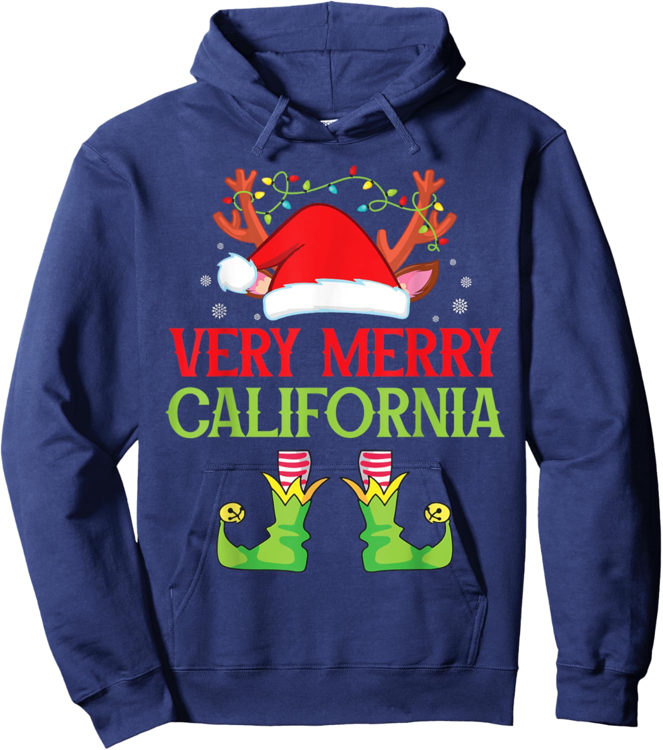 Festive Christmas Elf & Santa Claus Very Merry in CALIFORNIA Hoodie - Hoodie | Navy