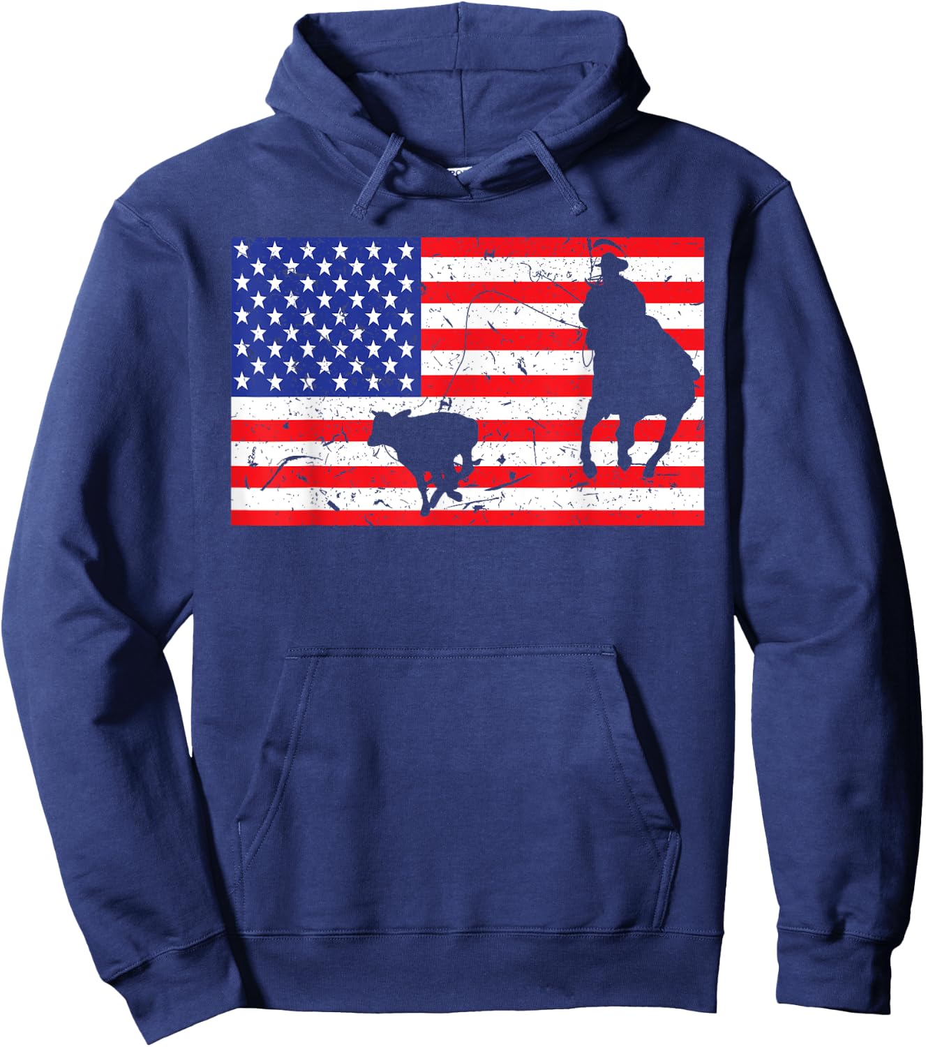 Distressed Roping USA American Flag Vintage Rodeo Calf Roper Hoodie - Hoodie | Navy