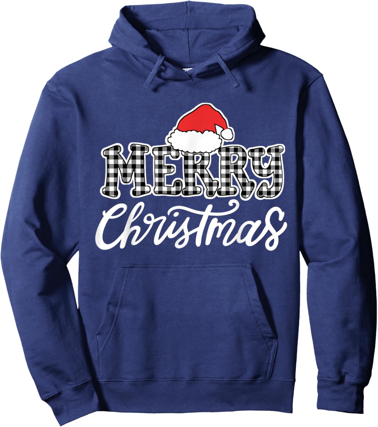 Merry Christmas Buffalo Black and White Plaid Men Women Kids Hoodie - Hoodie | Navy