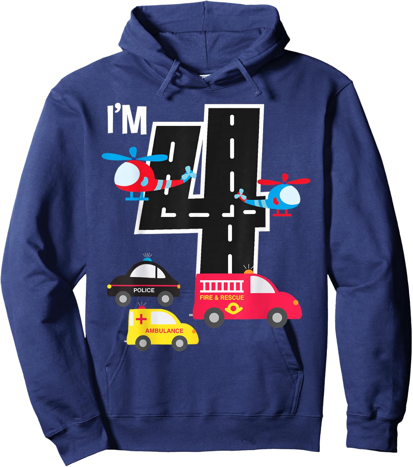 4th Birthday Fire Truck Police Car Ambulance 4 Year Toddler Hoodie - Hoodie | Navy