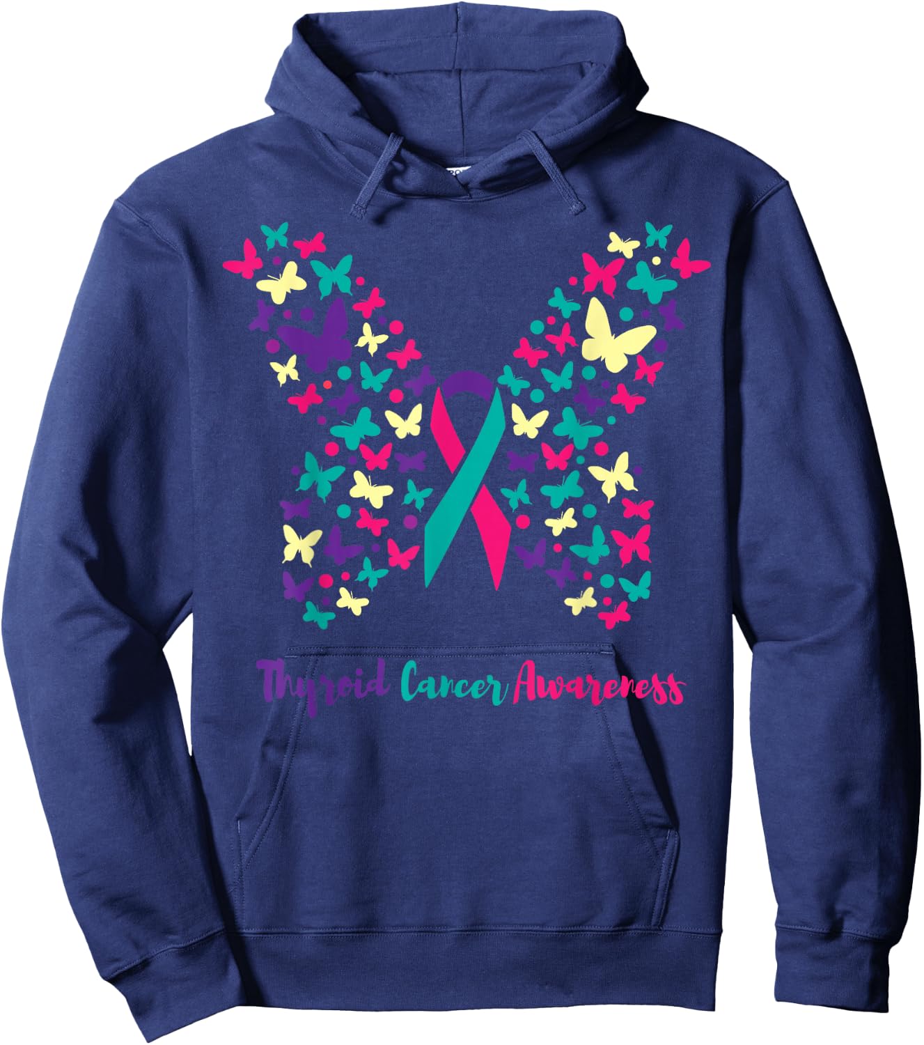 Thyroid Cancer Awareness Shirt, Butterfly Teal, Pink, Purple Hoodie - Hoodie | Navy
