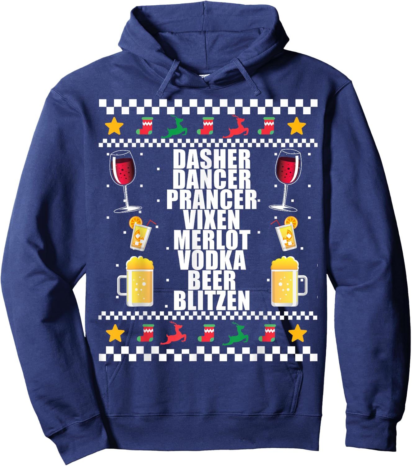 DASHER VODKA BLITZEN Alcohol Reindeer Ugly Christmas Sweater Hoodie - Hoodie | Navy