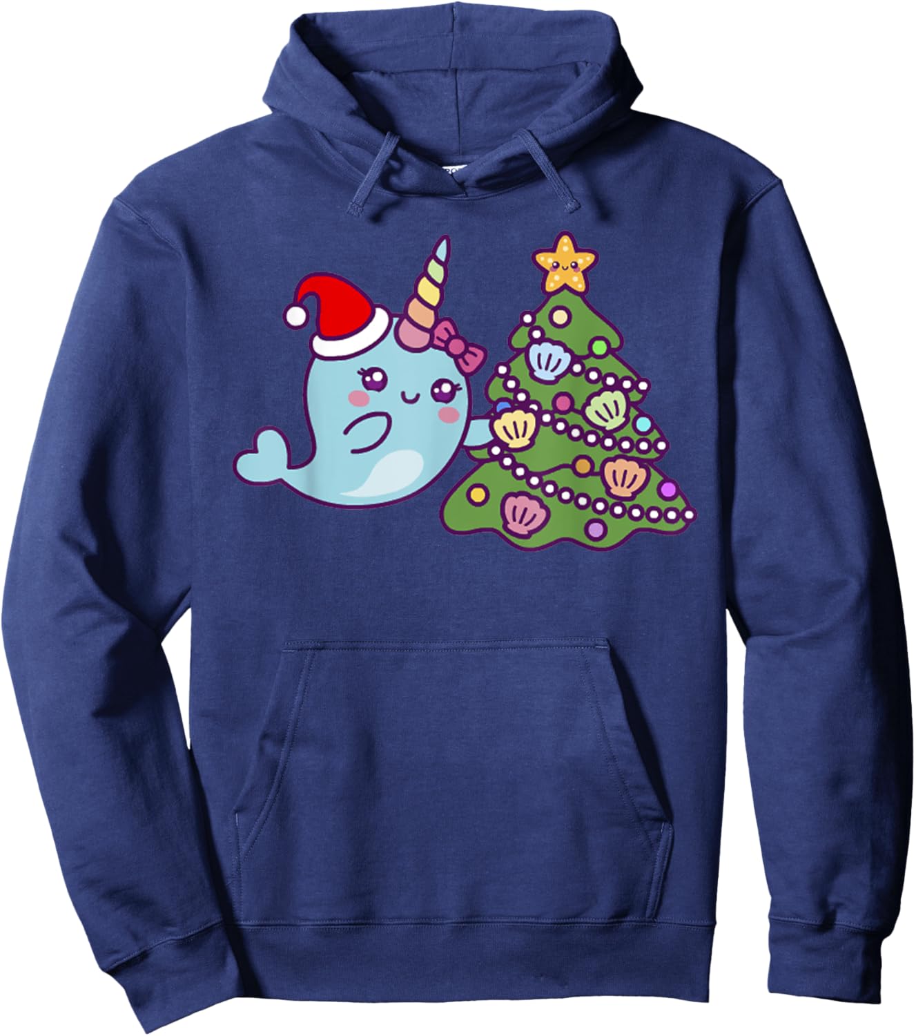 Merry Christmas Cute Unicorn Narwhal Christmas Santa Hat Hoodie - Hoodie | Navy