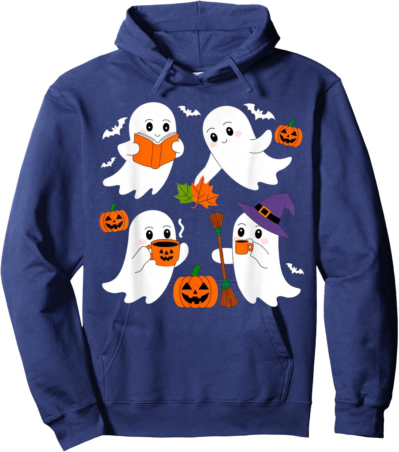 Cute Ghost Drinking Coffee Halloween Fall Ghost Book Reading Hoodie - Hoodie | Navy
