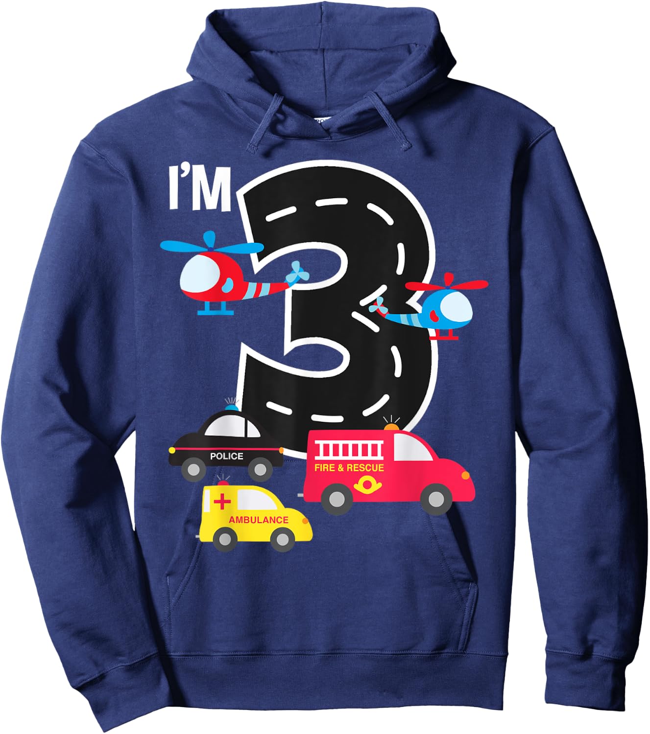 3rd Birthday Fire Truck Police Car Ambulance 3 Year Toddler Hoodie - Hoodie | Navy