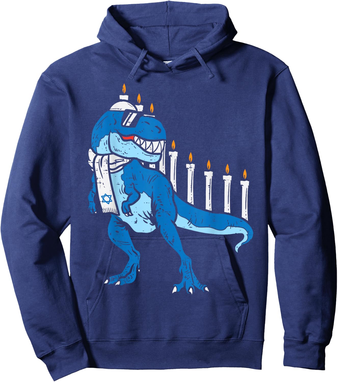BoredKoalas Hanukkah Shirts Jew Chanukah Gifts Trex Dinosaur Menorah Kids Boys Black Short Sleeve Classic Fit Cotton Polyester Hoodie - Hoodie | Navy